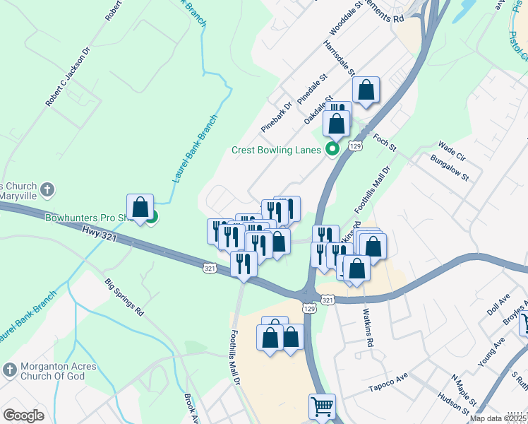 map of restaurants, bars, coffee shops, grocery stores, and more near 703 Casey Lane in Maryville