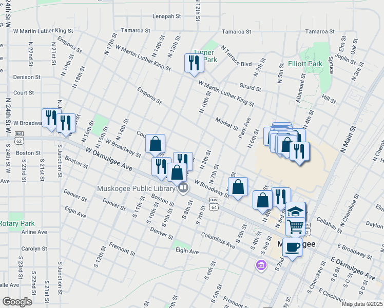 map of restaurants, bars, coffee shops, grocery stores, and more near 319 North 9th Street in Muskogee