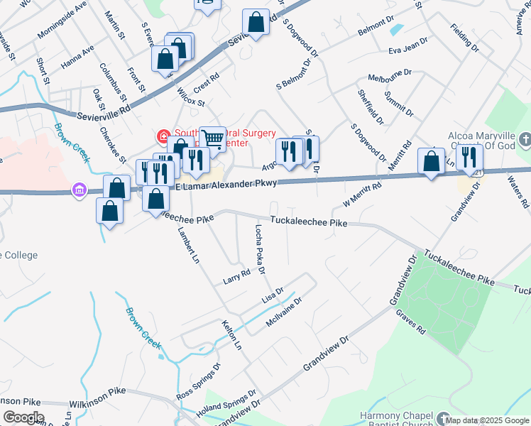 map of restaurants, bars, coffee shops, grocery stores, and more near 103 McNeilly Circle in Maryville