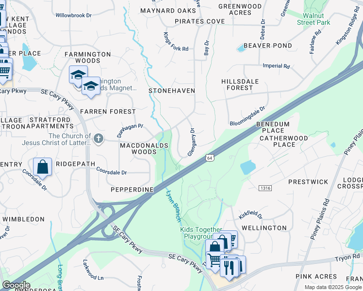 map of restaurants, bars, coffee shops, grocery stores, and more near 1628 Glengarry Drive in Cary