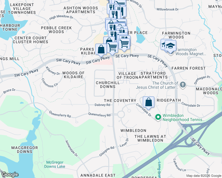 map of restaurants, bars, coffee shops, grocery stores, and more near 1424 Kildaire Farm Road in Cary