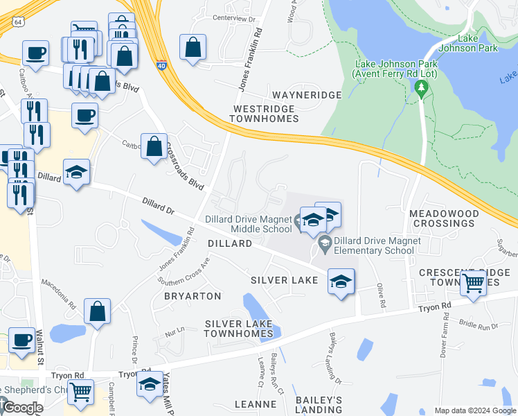 map of restaurants, bars, coffee shops, grocery stores, and more near 1830 Vienna Woods Drive in Raleigh