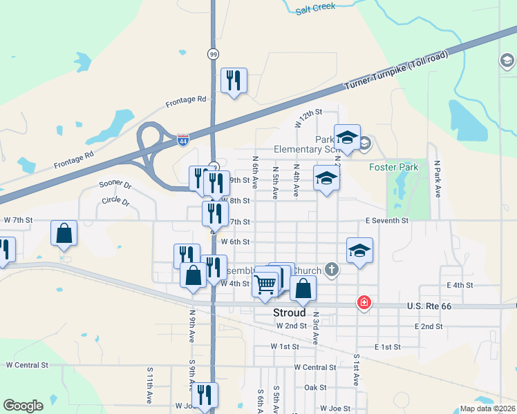 map of restaurants, bars, coffee shops, grocery stores, and more near 524 West 8th Street in Stroud