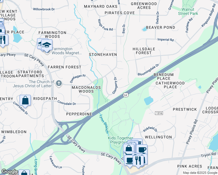 map of restaurants, bars, coffee shops, grocery stores, and more near 1628 Glengarry Drive in Cary