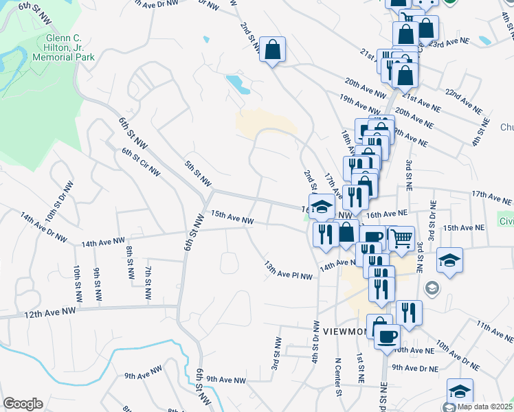 map of restaurants, bars, coffee shops, grocery stores, and more near 409 16th Avenue Northwest in Hickory