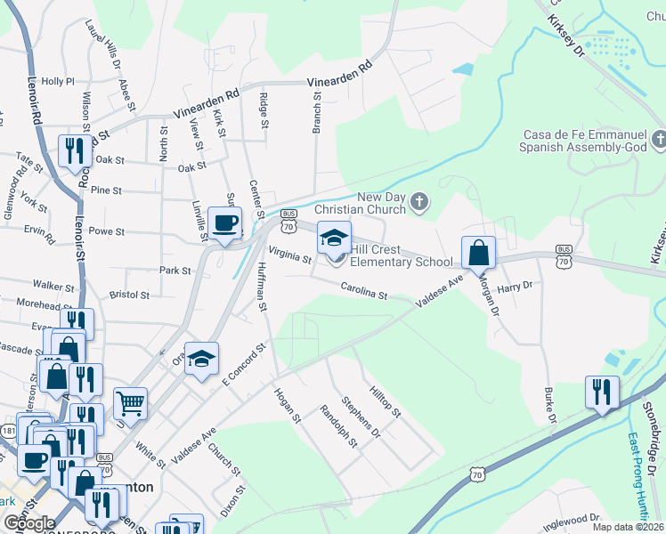 map of restaurants, bars, coffee shops, grocery stores, and more near 168-198 Virginia Street in Morganton