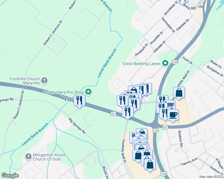 map of restaurants, bars, coffee shops, grocery stores, and more near 571 Ravenwood Drive in Maryville