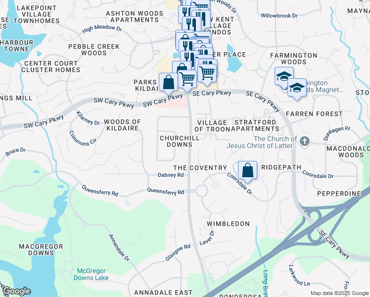map of restaurants, bars, coffee shops, grocery stores, and more near 1424 Kildaire Farm Rd in Cary