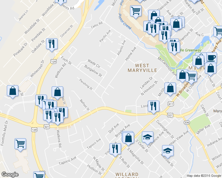 map of restaurants, bars, coffee shops, grocery stores, and more near 707 Haig Street in Maryville