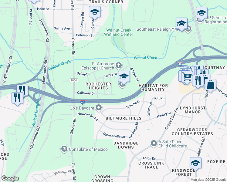 map of restaurants, bars, coffee shops, grocery stores, and more near 1937 Boaz Road in Raleigh