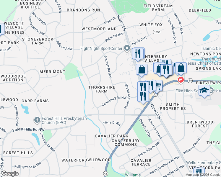 map of restaurants, bars, coffee shops, grocery stores, and more near 2204 Foxcroft Road Northwest in Wilson