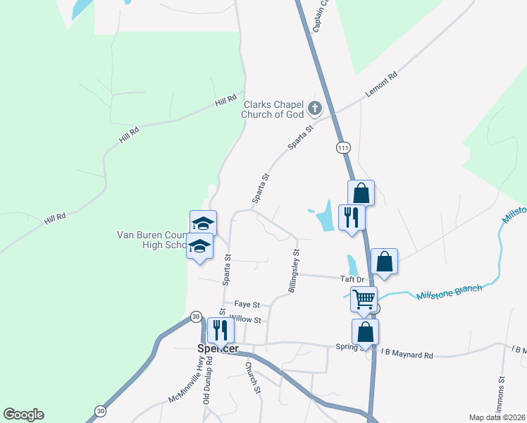 map of restaurants, bars, coffee shops, grocery stores, and more near 524 Billingsley Street in Spencer