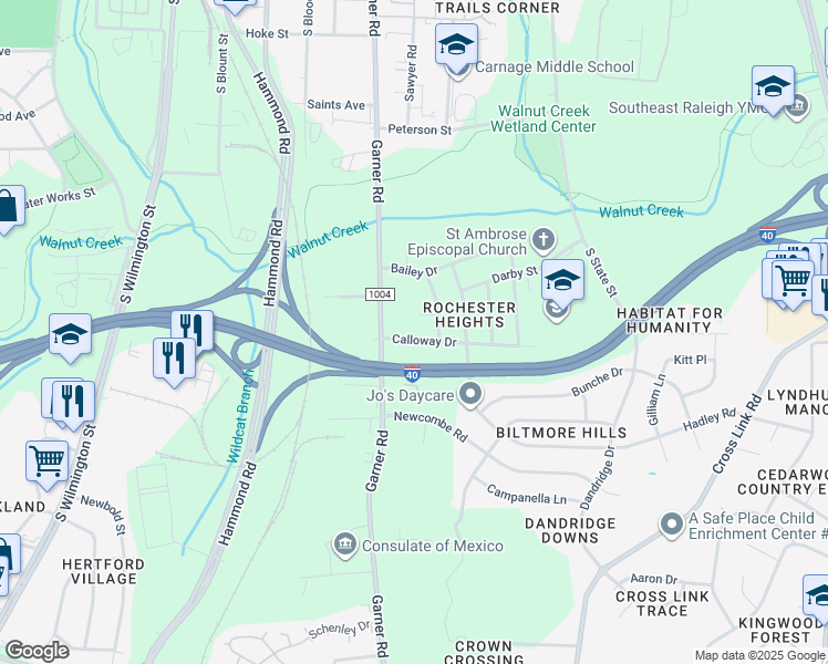 map of restaurants, bars, coffee shops, grocery stores, and more near 517 Calloway Drive in Raleigh