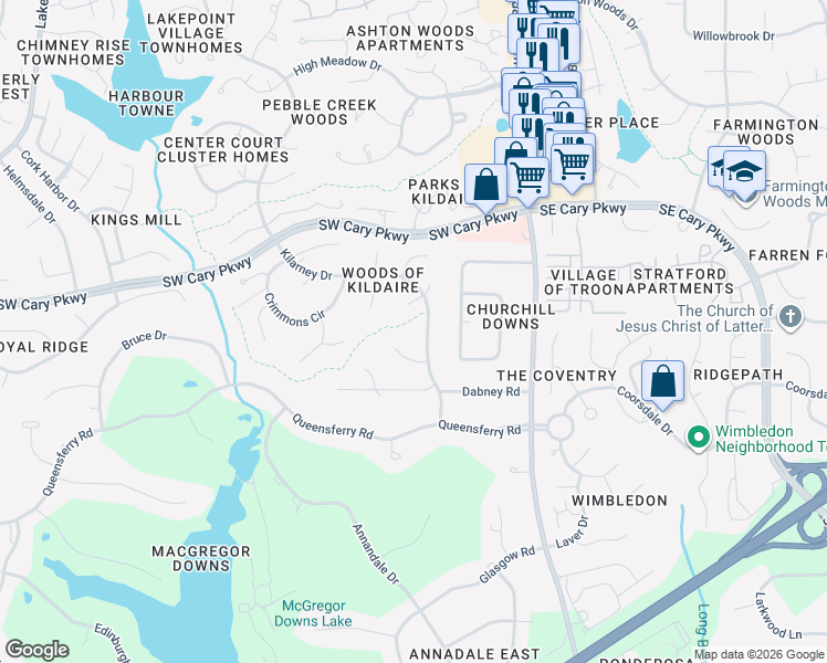 map of restaurants, bars, coffee shops, grocery stores, and more near 1525 Kilarney Drive in Cary