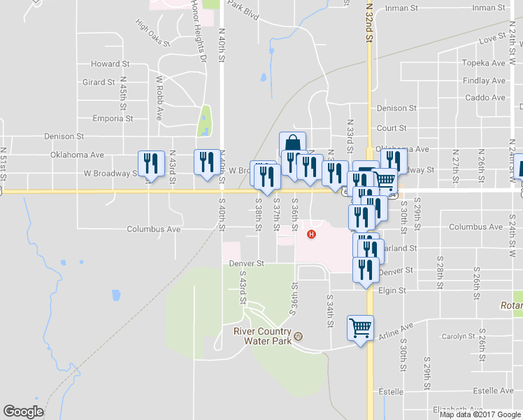 map of restaurants, bars, coffee shops, grocery stores, and more near 200 South 38th Street in Muskogee