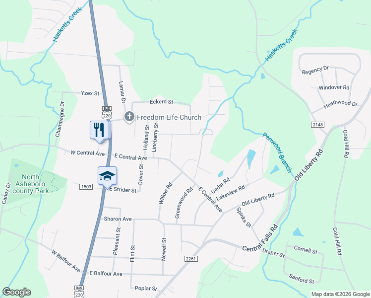 map of restaurants, bars, coffee shops, grocery stores, and more near 2012 Walnut Street in Asheboro