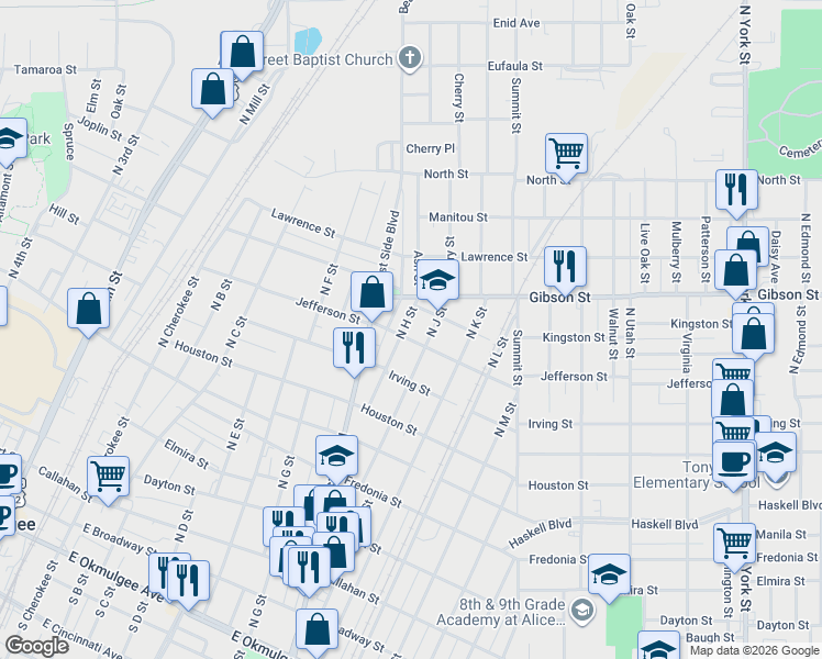 map of restaurants, bars, coffee shops, grocery stores, and more near 1006 North H Street in Muskogee