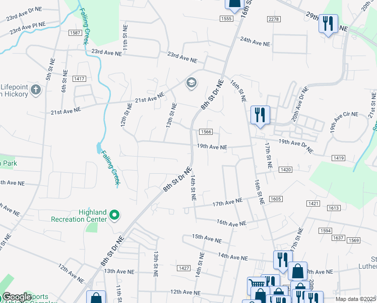 map of restaurants, bars, coffee shops, grocery stores, and more near 1857 8th St Dr NE in Hickory