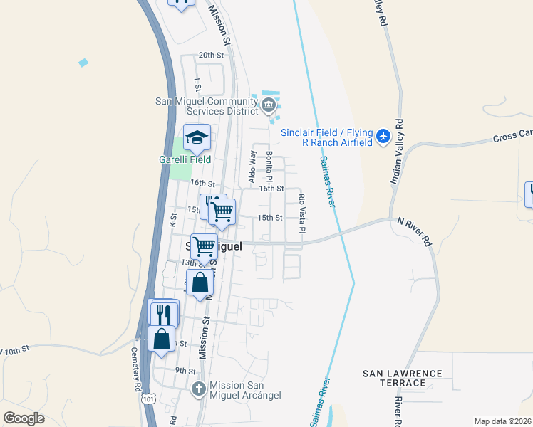map of restaurants, bars, coffee shops, grocery stores, and more near 1525 Bonita Place in San Miguel