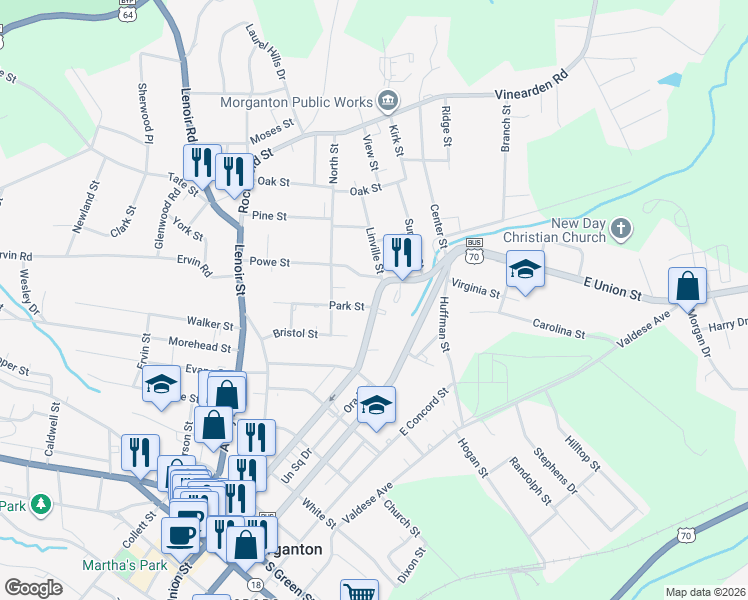 map of restaurants, bars, coffee shops, grocery stores, and more near 102 Park Street in Morganton
