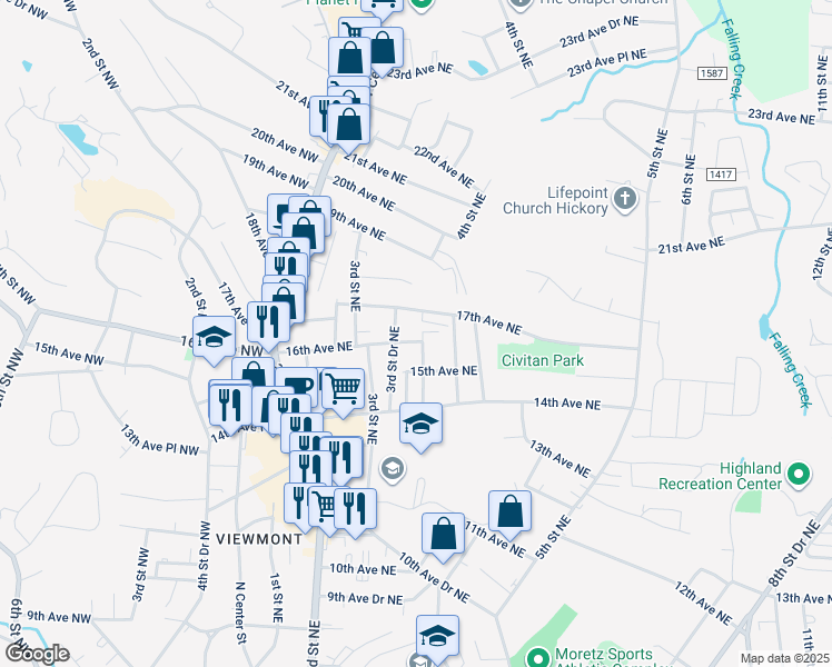 map of restaurants, bars, coffee shops, grocery stores, and more near 379 16th Avenue Northeast in Hickory