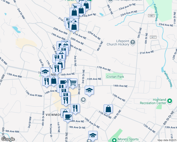 map of restaurants, bars, coffee shops, grocery stores, and more near 379 16th Avenue Northeast in Hickory