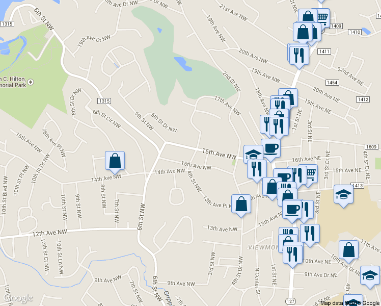 map of restaurants, bars, coffee shops, grocery stores, and more near 409 16th Avenue Northwest in Hickory