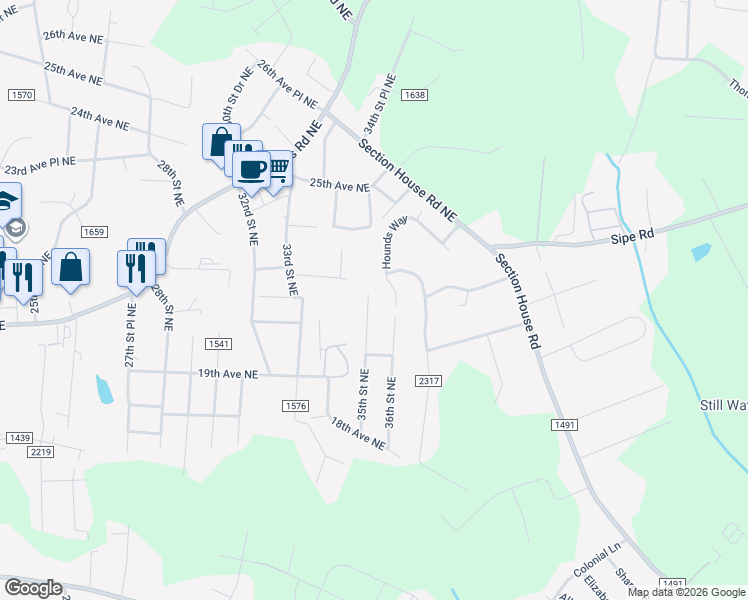 map of restaurants, bars, coffee shops, grocery stores, and more near 2120 35th Street Northeast in Hickory
