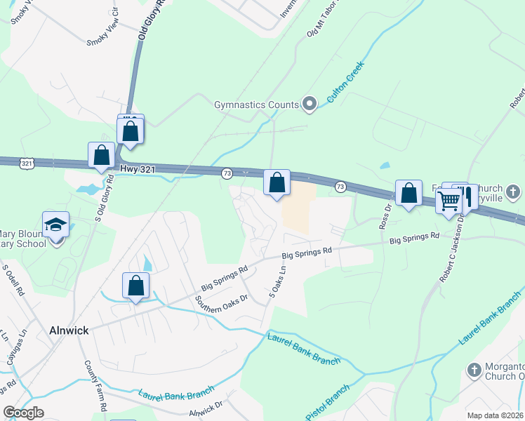 map of restaurants, bars, coffee shops, grocery stores, and more near Camellia Trace Drive in Maryville
