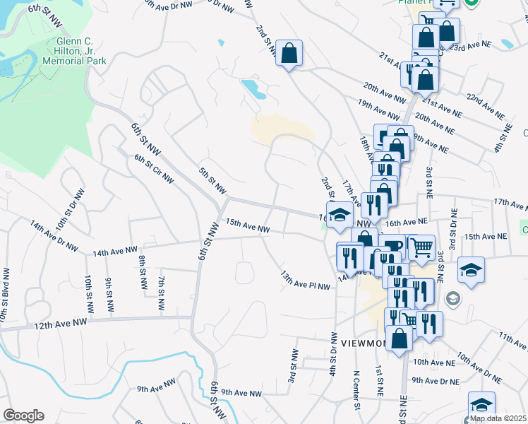 map of restaurants, bars, coffee shops, grocery stores, and more near 409 16th Avenue Northwest in Hickory