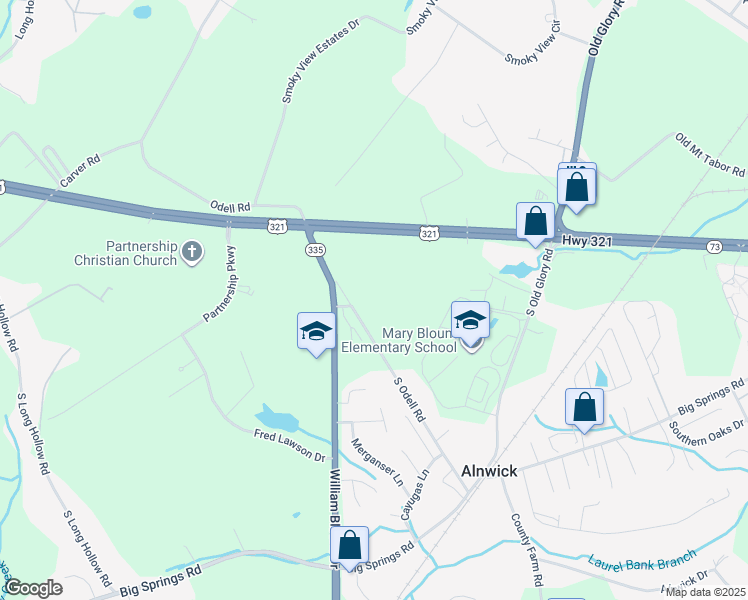 map of restaurants, bars, coffee shops, grocery stores, and more near 1800 South Odell Road in Maryville