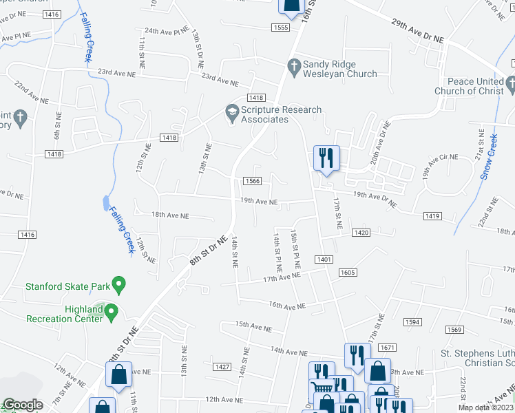 map of restaurants, bars, coffee shops, grocery stores, and more near 1446 19th Avenue Northeast in Hickory