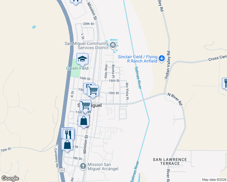 map of restaurants, bars, coffee shops, grocery stores, and more near 1525 Bonita Place in San Miguel