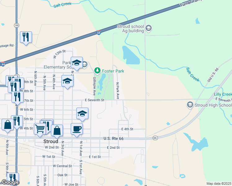 map of restaurants, bars, coffee shops, grocery stores, and more near 708 North Park Avenue in Stroud