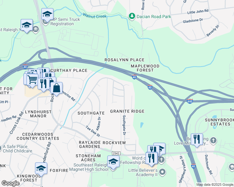 map of restaurants, bars, coffee shops, grocery stores, and more near 2607 Smoky Topaz Lane in Raleigh