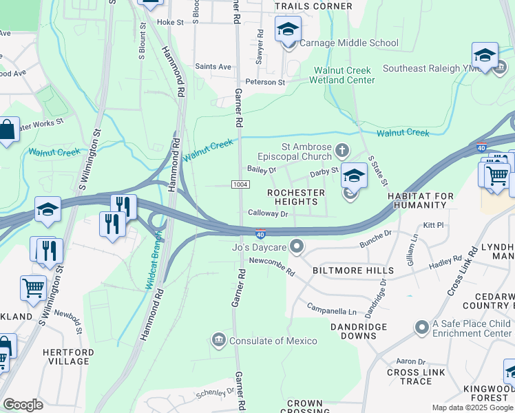 map of restaurants, bars, coffee shops, grocery stores, and more near 517 Calloway Drive in Raleigh