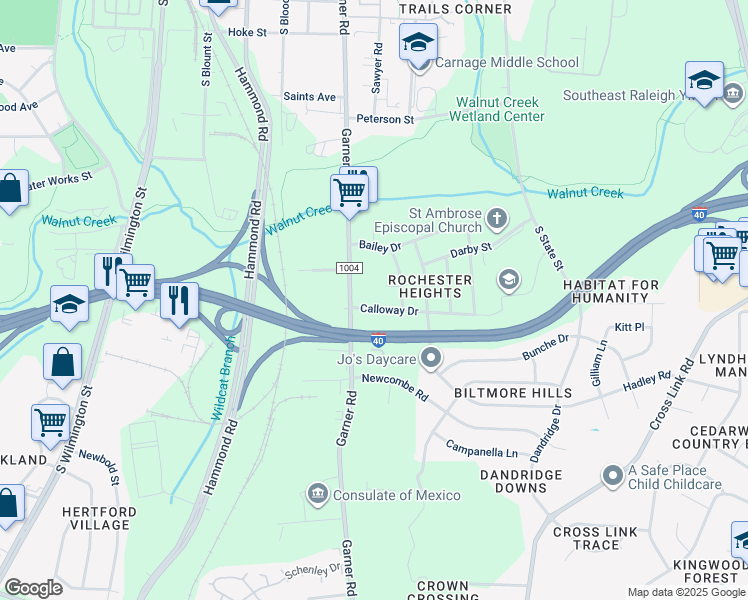 map of restaurants, bars, coffee shops, grocery stores, and more near 513 Calloway Dr in Raleigh
