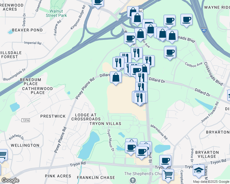 map of restaurants, bars, coffee shops, grocery stores, and more near 2350 Walnut Street in Cary