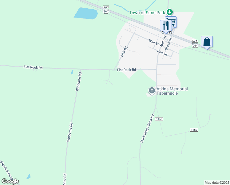 map of restaurants, bars, coffee shops, grocery stores, and more near 6753 Flat Rock Road in Sims
