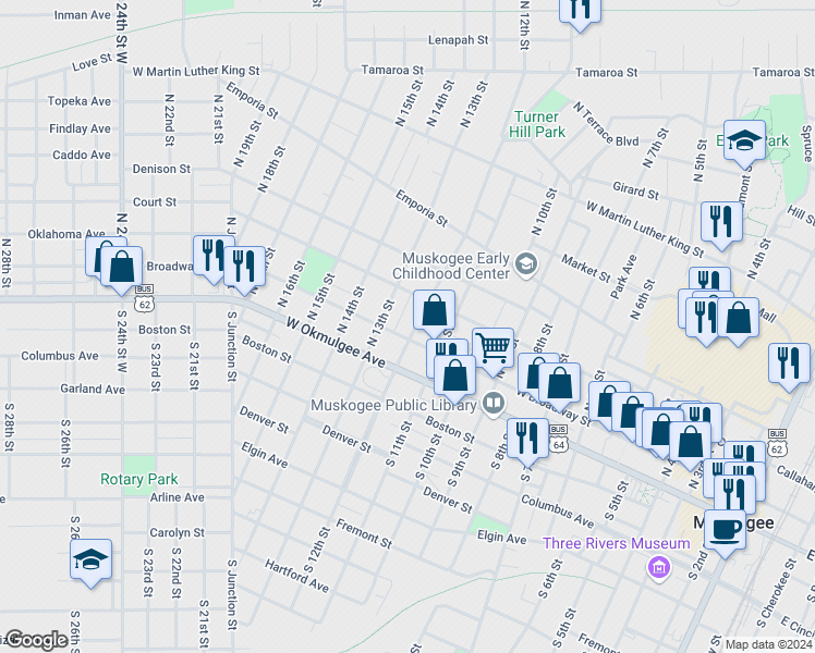 map of restaurants, bars, coffee shops, grocery stores, and more near 209 North 12th Street in Muskogee