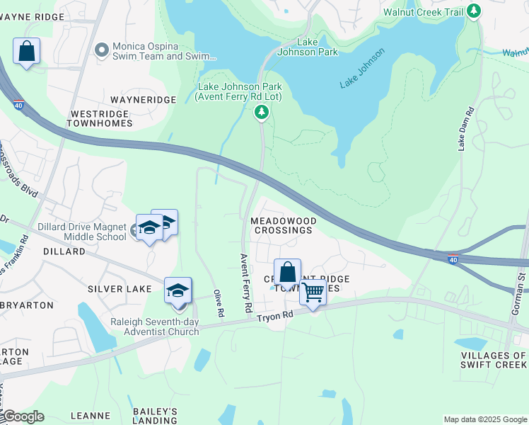 map of restaurants, bars, coffee shops, grocery stores, and more near 4565 Treerose Way in Raleigh