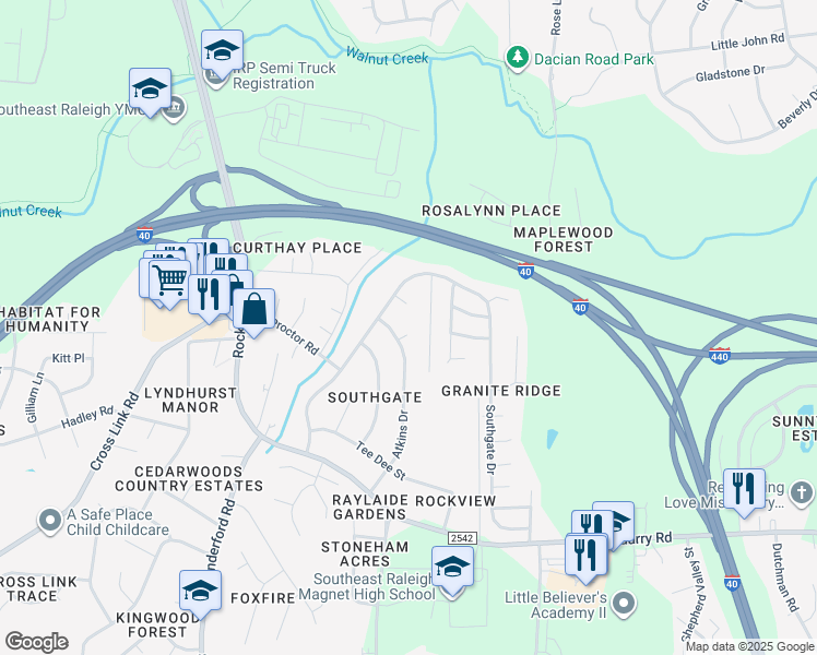 map of restaurants, bars, coffee shops, grocery stores, and more near 1913 Atkins Drive in Raleigh