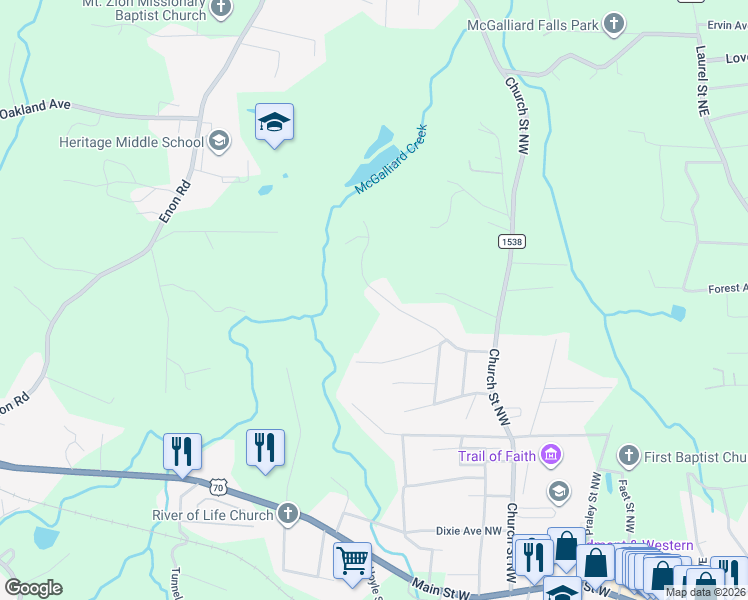 map of restaurants, bars, coffee shops, grocery stores, and more near 723 Harris Avenue Northwest in Valdese