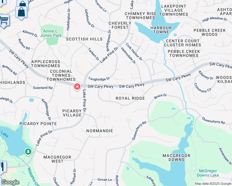 map of restaurants, bars, coffee shops, grocery stores, and more near 115 Prince William Lane in Cary