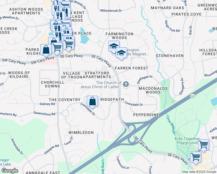 map of restaurants, bars, coffee shops, grocery stores, and more near 115 Ridgepath Way in Cary