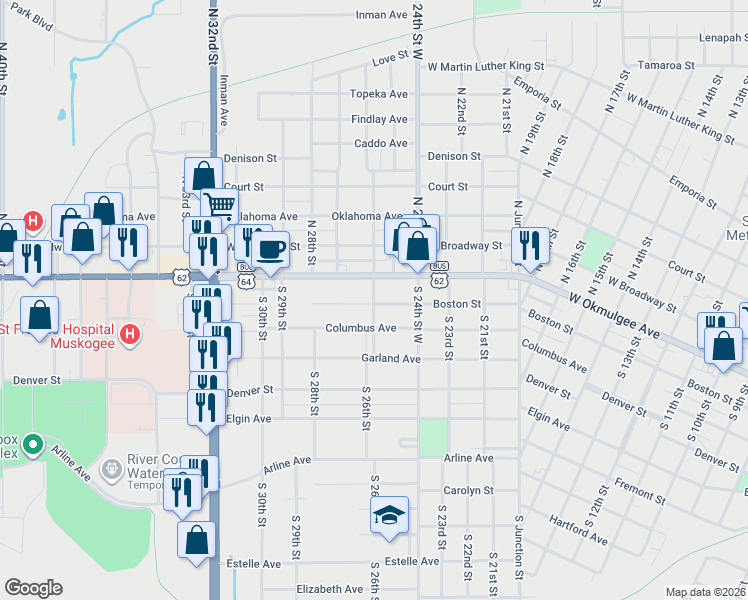 map of restaurants, bars, coffee shops, grocery stores, and more near 2600 Boston Street in Muskogee
