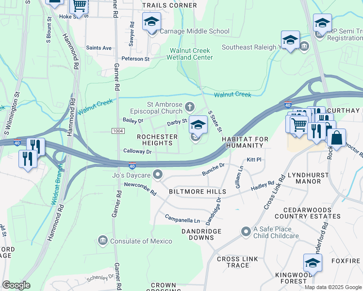 map of restaurants, bars, coffee shops, grocery stores, and more near 1933 Boaz Road in Raleigh