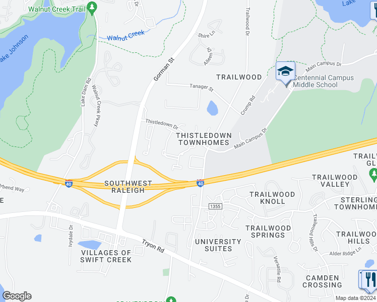 map of restaurants, bars, coffee shops, grocery stores, and more near 3550 Cum Laude Court in Raleigh