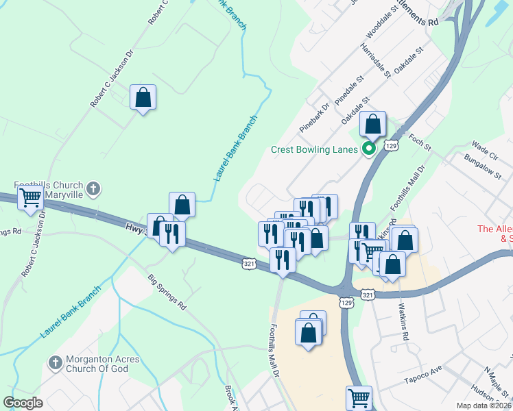 map of restaurants, bars, coffee shops, grocery stores, and more near 622 Ravencrest Drive in Maryville