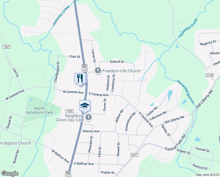 map of restaurants, bars, coffee shops, grocery stores, and more near 2011 Lineberry St in Asheboro